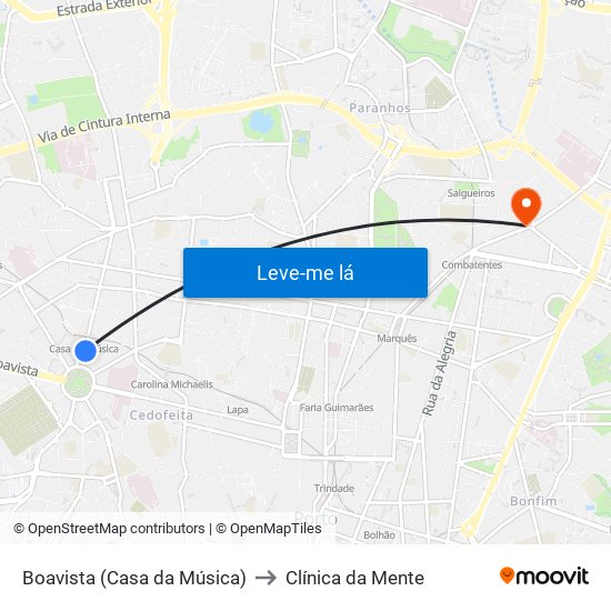 Boavista (Casa da Música) to Clínica da Mente map