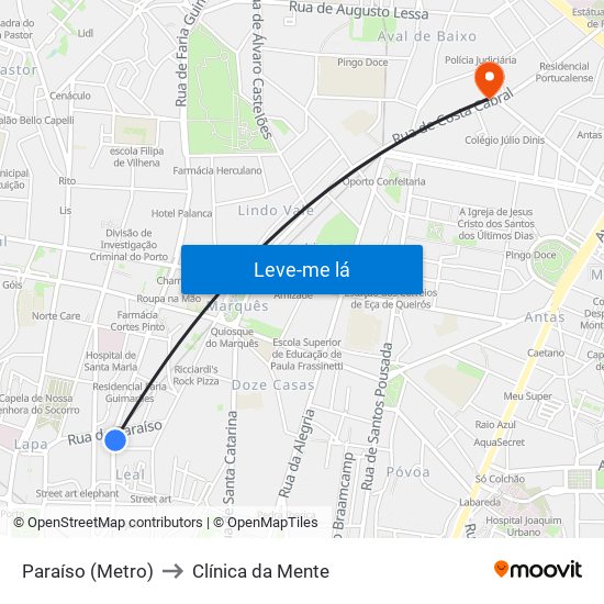 Paraíso (Metro) to Clínica da Mente map