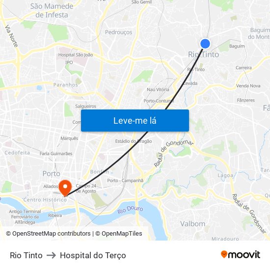 Rio Tinto to Hospital do Terço map