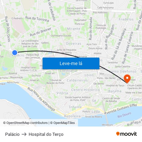 Palácio to Hospital do Terço map