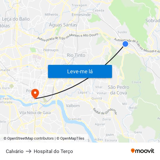 Calvário to Hospital do Terço map