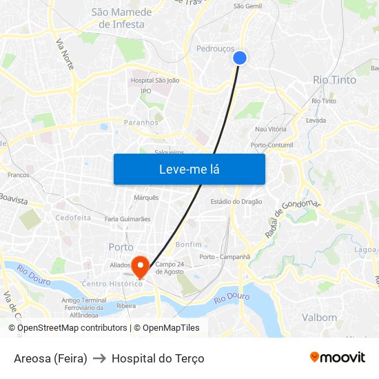 Areosa (Feira) to Hospital do Terço map