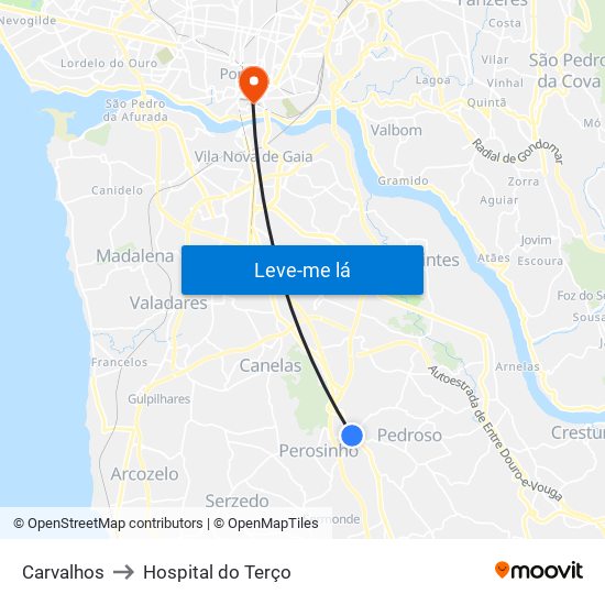 Carvalhos to Hospital do Terço map