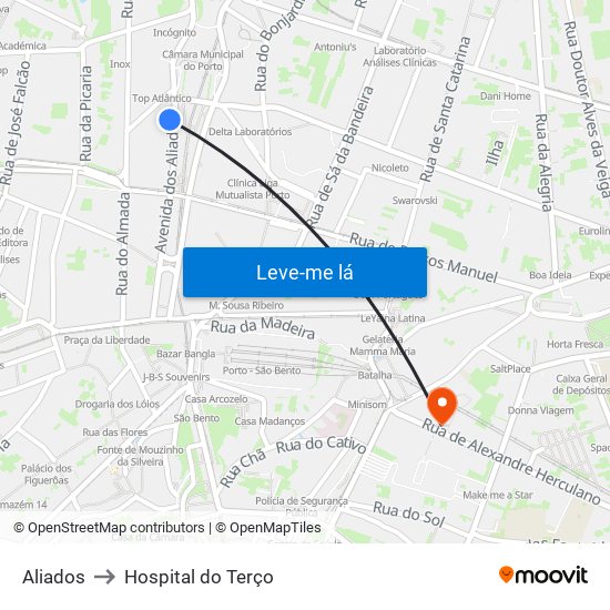 Aliados to Hospital do Terço map