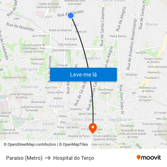 Paraíso (Metro) to Hospital do Terço map