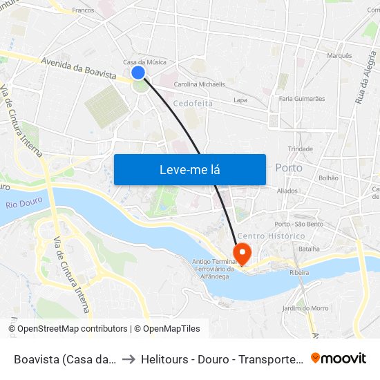 Boavista (Casa da Música) to Helitours - Douro - Transportes Aéreos S.A. map