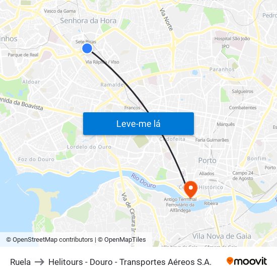 Ruela to Helitours - Douro - Transportes Aéreos S.A. map
