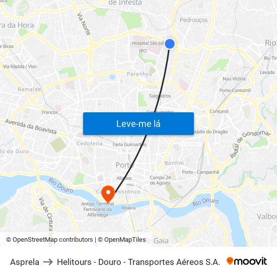 Asprela to Helitours - Douro - Transportes Aéreos S.A. map