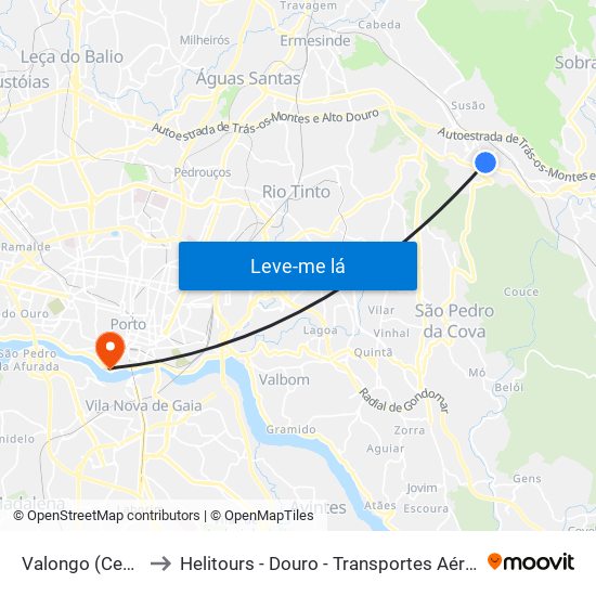Valongo (Centro) to Helitours - Douro - Transportes Aéreos S.A. map