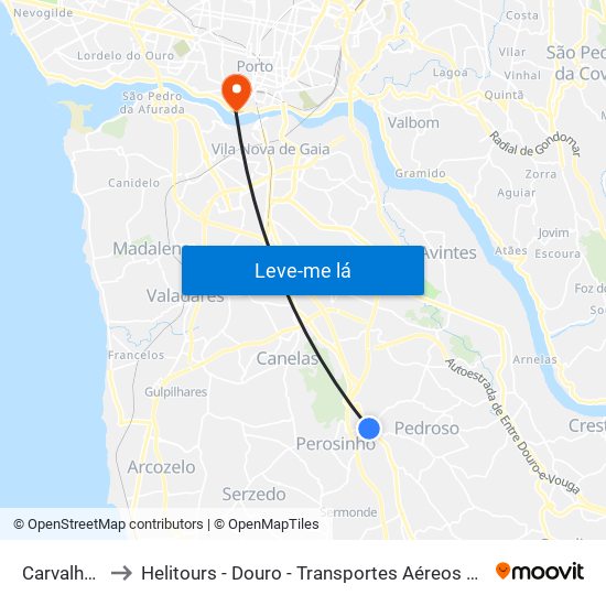 Carvalhos to Helitours - Douro - Transportes Aéreos S.A. map