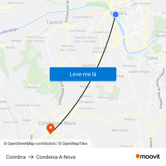 Coimbra to Condeixa-A-Nova map