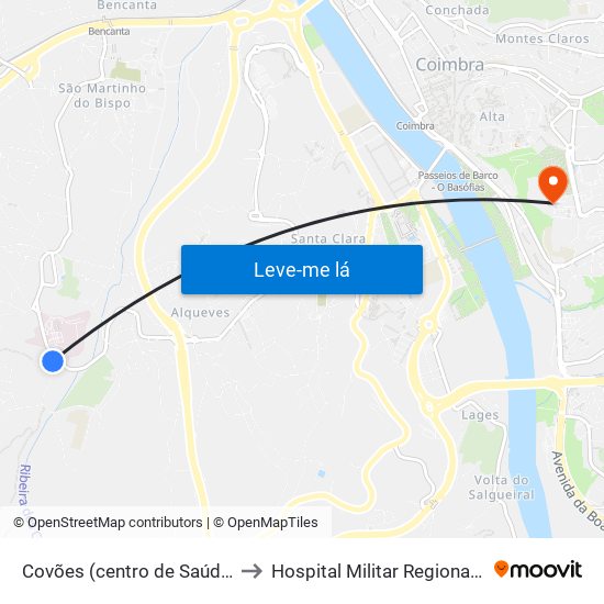 Covões (centro de Saúde) to Hospital Militar Regional 2 map