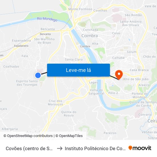 Covões (centro de Saúde) to Instituto Politécnico De Coimbra map