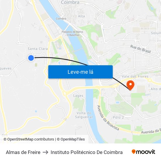 Almas de Freire to Instituto Politécnico De Coimbra map