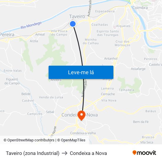 Taveiro (zona Industrial) to Condeixa a Nova map
