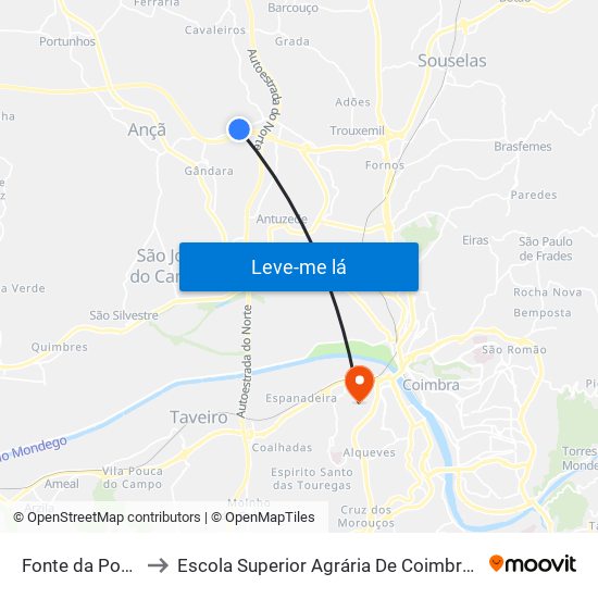 Fonte da Portela to Escola Superior Agrária De Coimbra (Esac) map