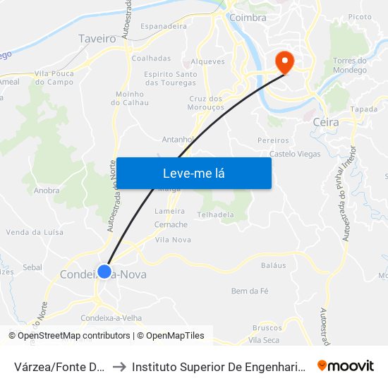 Várzea/Fonte Dos Amores to Instituto Superior De Engenharia De Coimbra (Isec) map