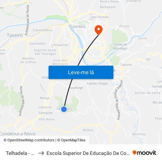 Telhadela - centro to Escola Superior De Educação De Coimbra (Esec) map