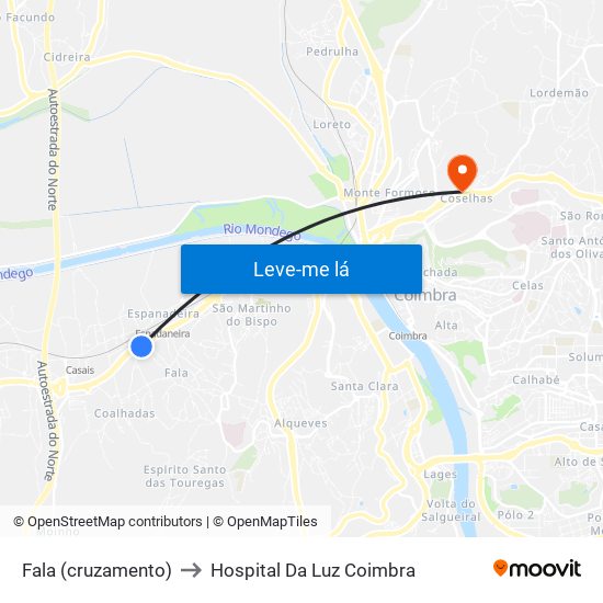 Fala (cruzamento) to Hospital Da Luz Coimbra map