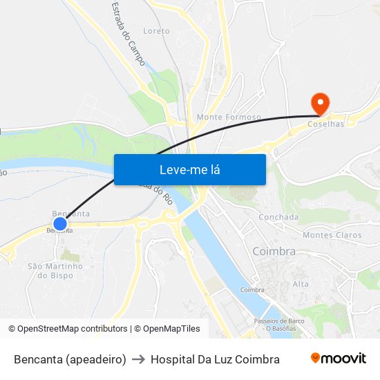 Bencanta (apeadeiro) to Hospital Da Luz Coimbra map
