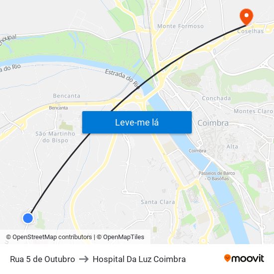 Rua 5 de Outubro to Hospital Da Luz Coimbra map