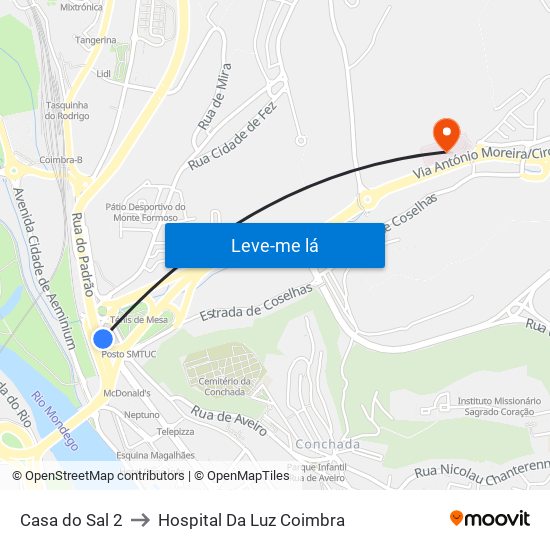 Casa do Sal 2 to Hospital Da Luz Coimbra map