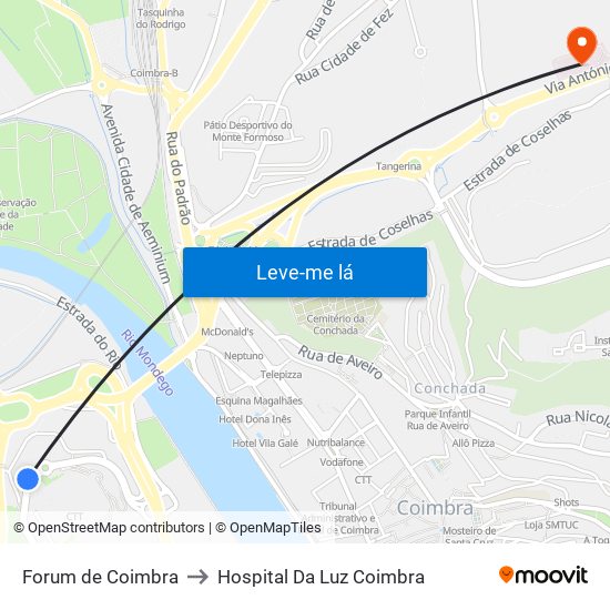 Forum de Coimbra to Hospital Da Luz Coimbra map