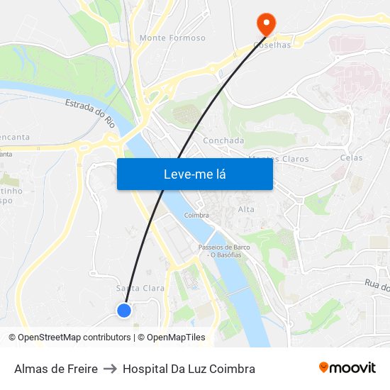 Almas de Freire to Hospital Da Luz Coimbra map