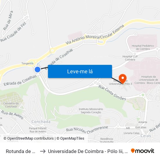 Rotunda de Coselhas to Universidade De Coimbra - Pólo Iii, Ciências Da Saúde map