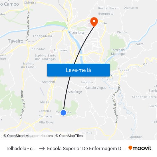 Telhadela - centro to Escola Superior De Enfermagem De Coimbra map