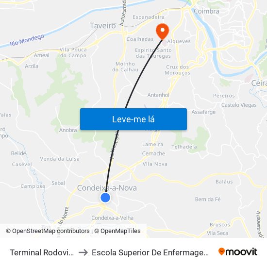 Terminal Rodoviário De Condeixa to Escola Superior De Enfermagem De Coimbra - Pólo B (Esenfc) map