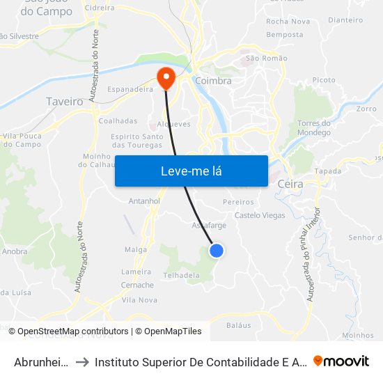 Abrunheira - centro to Instituto Superior De Contabilidade E Administração De Coimbra (Iscac) map
