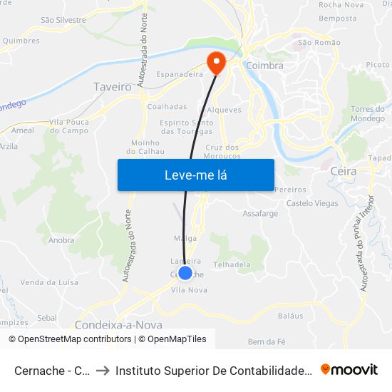 Cernache - Centro de Saúde to Instituto Superior De Contabilidade E Administração De Coimbra (Iscac) map