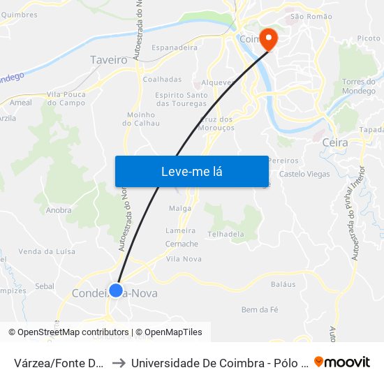 Várzea/Fonte Dos Amores to Universidade De Coimbra - Pólo I, Alta Universitária map