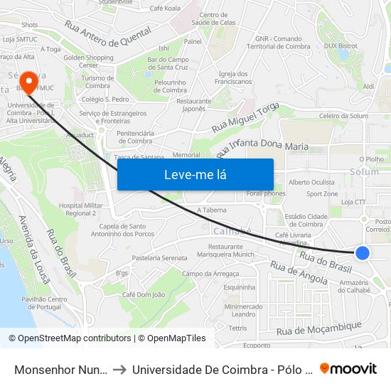 Monsenhor Nunes Pereira to Universidade De Coimbra - Pólo I, Alta Universitária map