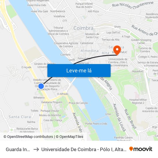 Guarda Inglesa to Universidade De Coimbra - Pólo I, Alta Universitária map