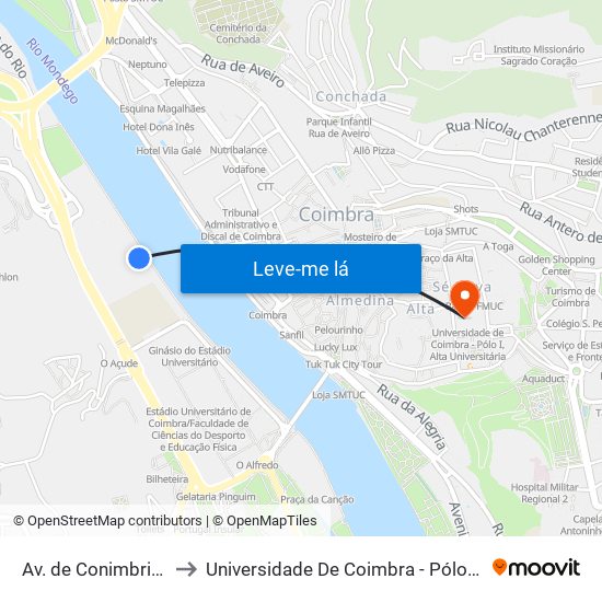 Av. de Conimbriga (smtuc) to Universidade De Coimbra - Pólo I, Alta Universitária map