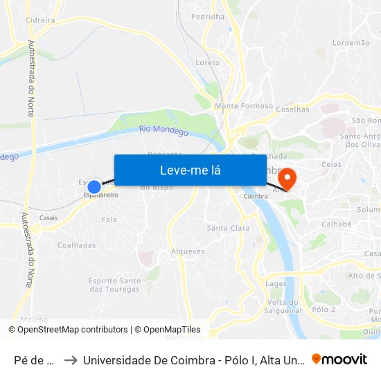 Pé de Cão to Universidade De Coimbra - Pólo I, Alta Universitária map