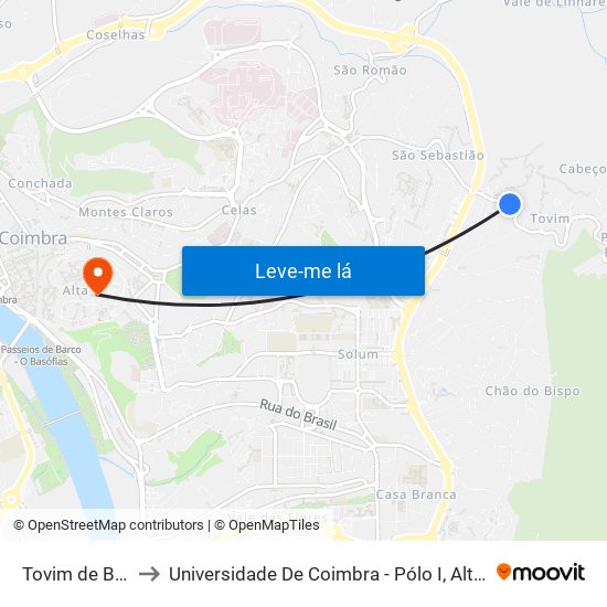 Tovim de Baixo 2 to Universidade De Coimbra - Pólo I, Alta Universitária map