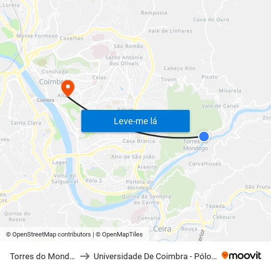 Torres do Mondego (norte) to Universidade De Coimbra - Pólo I, Alta Universitária map