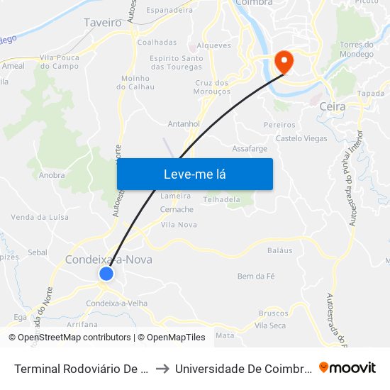 Terminal Rodoviário De Condeixa to Universidade De Coimbra - Pólo II map