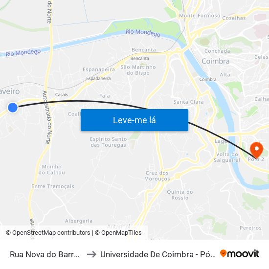 Rua Nova do Barreiro to Universidade De Coimbra - Pólo II map
