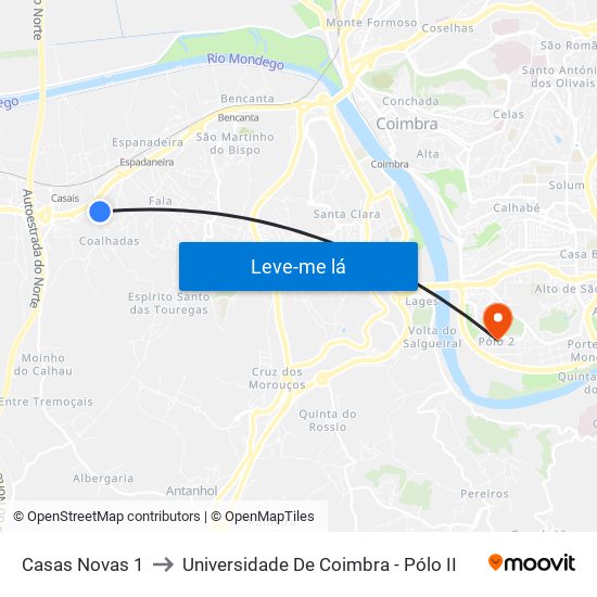 Casas Novas 1 to Universidade De Coimbra - Pólo II map