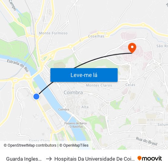 Guarda Inglesa (rotunda) to Hospitais Da Universidade De Coimbra - Bloco Central map