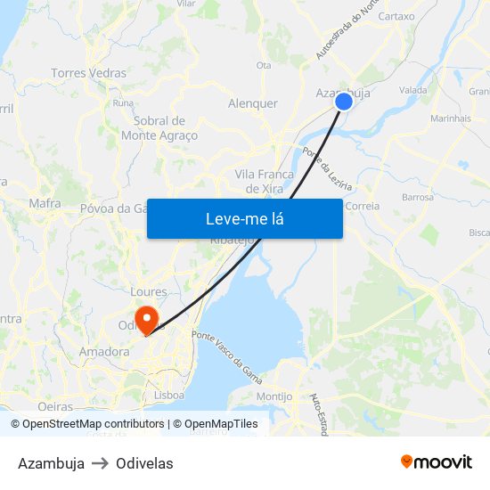 Azambuja to Odivelas map