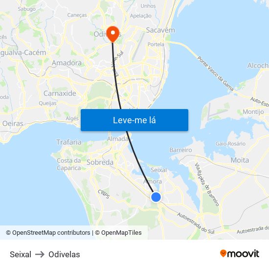 Seixal to Odivelas map