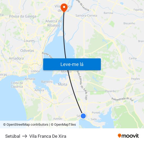 Setúbal to Vila Franca De Xira map