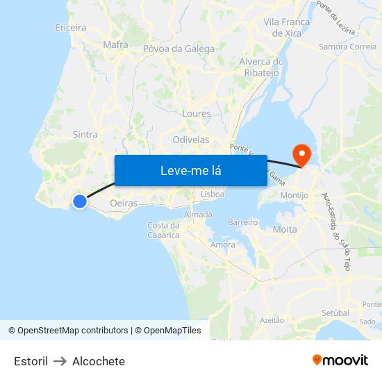 Estoril to Alcochete map