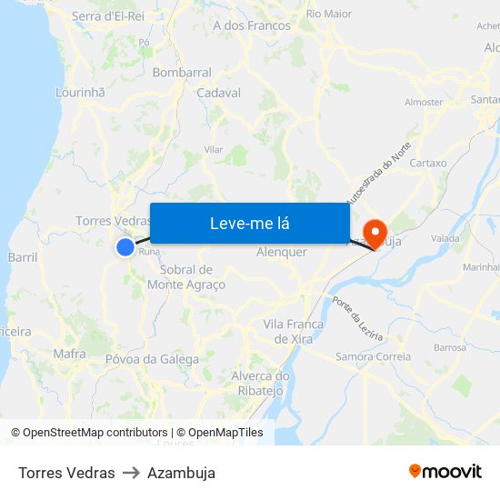 Torres Vedras to Azambuja map