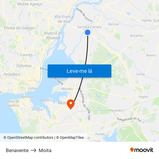 Benavente to Moita map